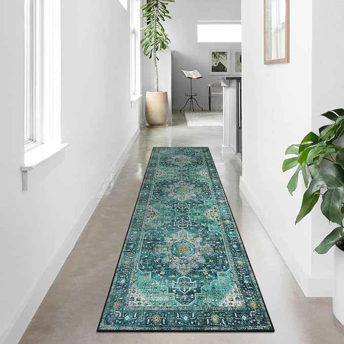 Moynesa Ultra-Thin Washable Runner Rug - 2'6" x 10' Teal Runners for Hallways Stair Carpet Runner, Oriental Non Skid Non Shedding Low Pile Kitchen Mat for Bedroom Mudroom Hardwood Floor