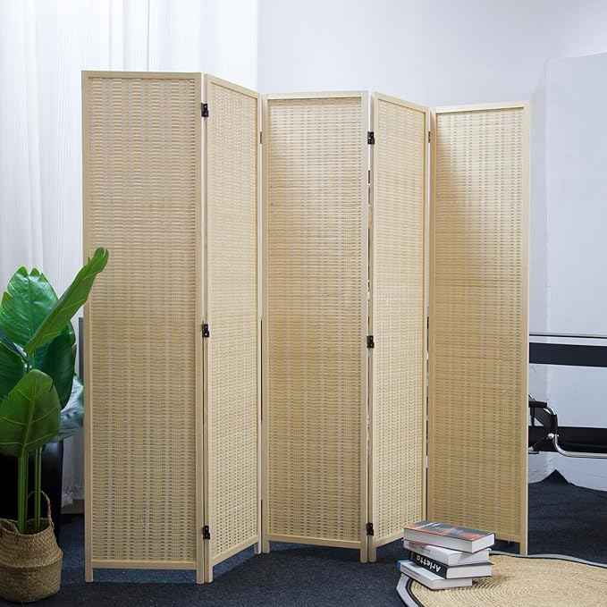 5 Panel Bamboo Room Divider – 5.6 ft Tall Folding Privacy Screen, Natural Beige Freestanding Room Partition Wall for Home Office (67" x 76.75", 5-Panel)