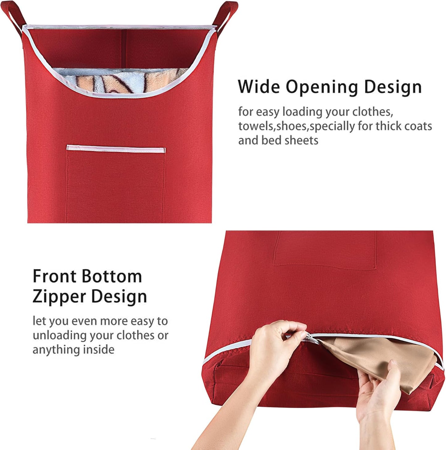 Hanging Laundry Hamper Bag Behind Door Hampers for Laundry Hanging Save Space Zipper Laundry Hamper Door Hanging with 2 PCs Stainless Steel Hooks Suction Hooks for Wall/Bathroom (Red - NestledHome