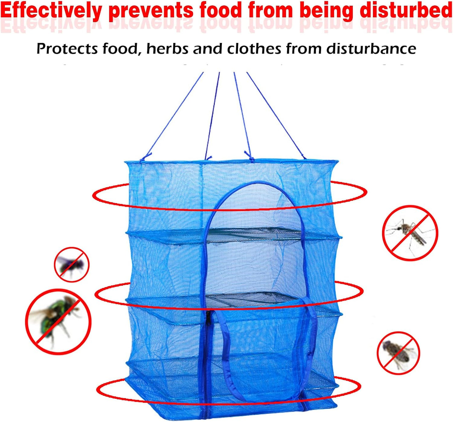Drying Rack 4 Layers Folding Mesh, Foldable Nylon Netting, Hanging Drying Net, for Shrimp, Fish, Fruit, Vegetables, Herb, with Zipper Opening - Blue (25.59X13.78X13.78 in) - NestledHome