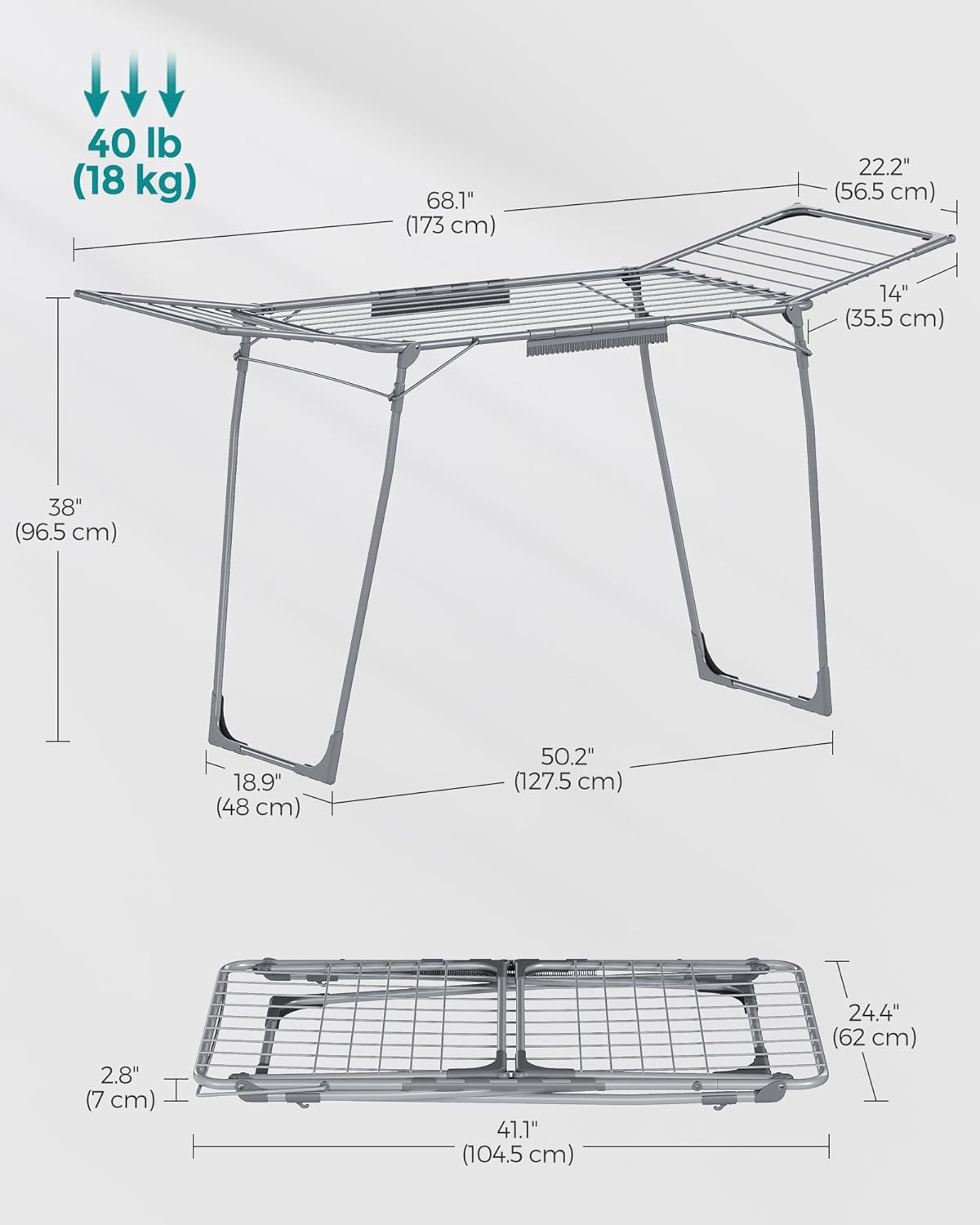 SONGMICS Clothes Drying Rack Foldable, Gullwing Laundry Drying Rack, Space-Saving, 22.2 x 68.1 x 38 Inches, Sock Clips, Metal Structure, for Clothes, Towels, Linens, Indoor, Outdoor Gray ULLR518G01 - NestledHome