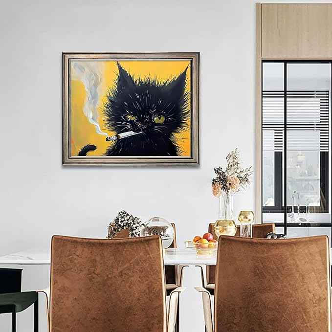 Vintage Framed Black Cat Painting Cat Portrait Wall Art Canvas Print Poster for Mens Room Living Room Bedroom Bathroom Home Decor