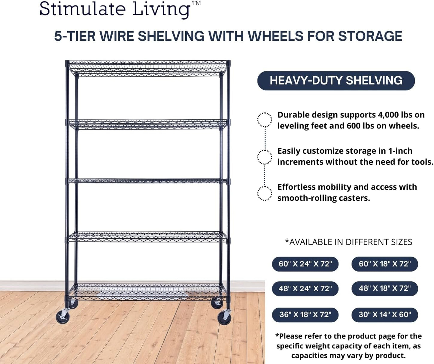 48"x18"x72" PRIME HEAVY DUTY Black 5-Tier Wire Shelving NSF 4000 LBS MAX Capacity Storage Rack for Commercial, School, Home, Garage, Warehouse, Industrial, and Hospital Uses (with Wheels) - NestledHome