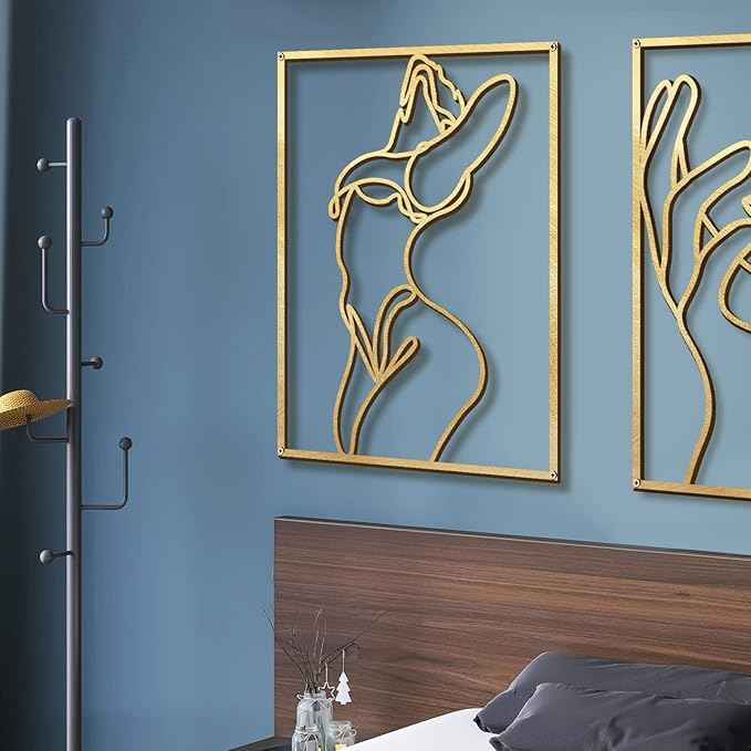 Glamativity 4 Pack Gold Wall Art Decor, Minimalist Single Line Real Metal Wall Art, Woman's Body Shape Abstract Wall Art (Gold Classic Style, 17 x 11.8'')