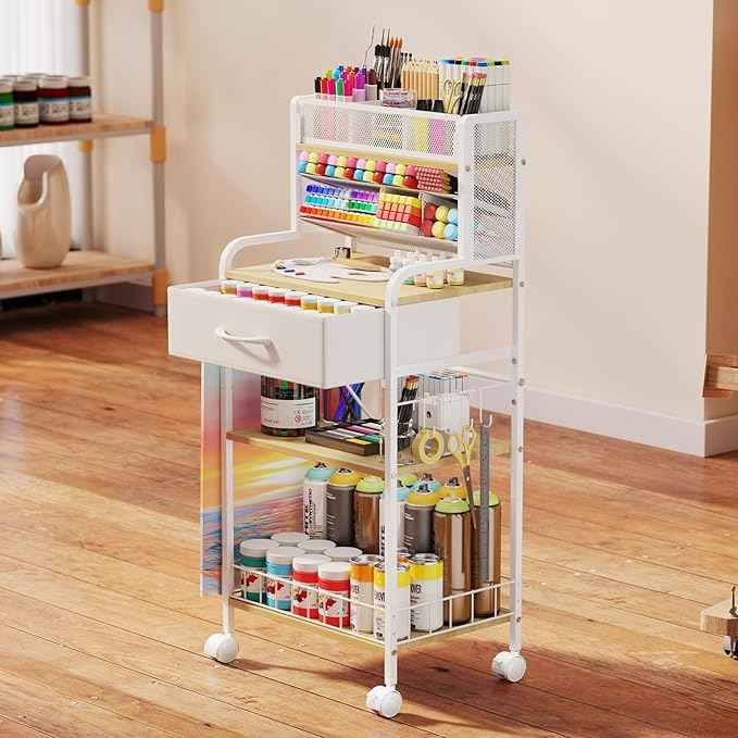 Art cart, 3 Tier Rolling Cart - Utility Cart with Storage Drawer and Wheels, Versatile Art & Craft Organizer for Home, Office, or Studio Ideal for Storing Brushes, Paints ( White)