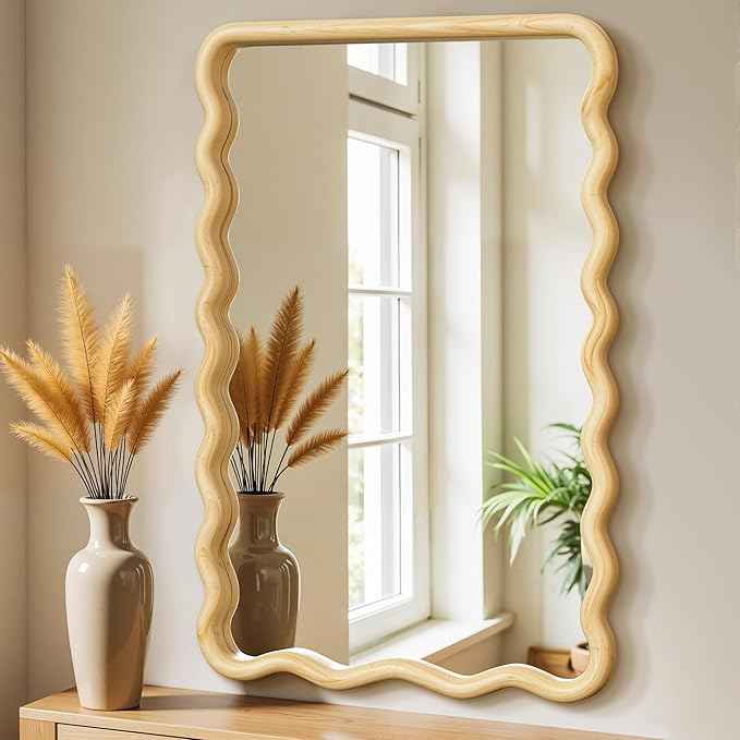 24x36 Wavy Wood Bathroom Vanity Mirror, Boho Wall Mirror with Natural Wood Frame for Over Sink, Entryway, Bedroom