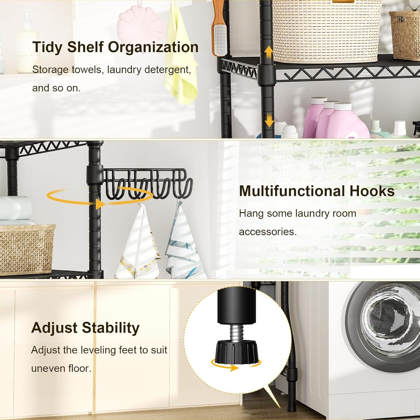 Ulif U8 Laundry Room Storage Organizer, Over The Washer and Dryer Storage Shelves for Laundry Organization, 35" W x 17.3" D x 76.2" H, Suit Washing Machine Width Within 32.6", Hold 304 lb, Black - NestledHome