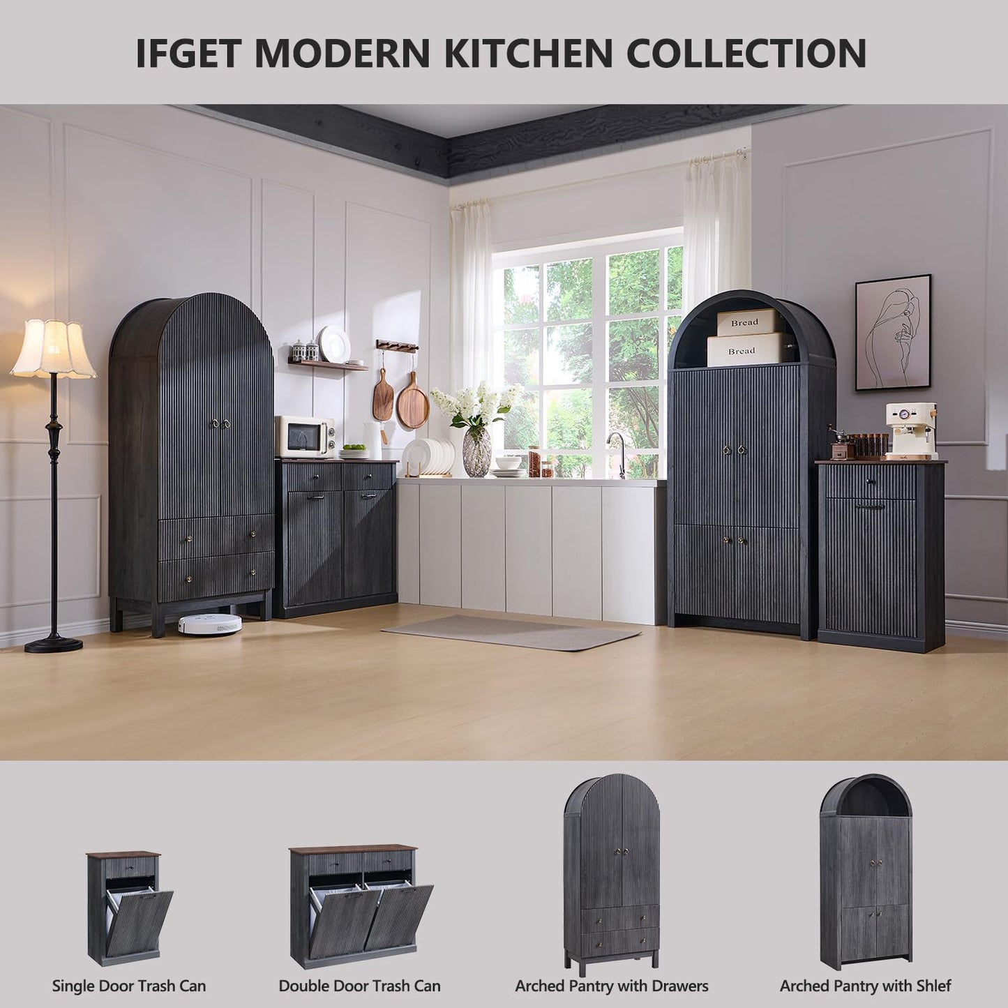Modern Double Tilt-Out Trash Cabinet, 20 Gallon Fluted Laundry Hamper Cabinet with 2 Drawers, Wooden Hidden Garbage Can Cabinet with Storage Basket, Free Standing for Kitchen & Living Room, Grey - NestledHome