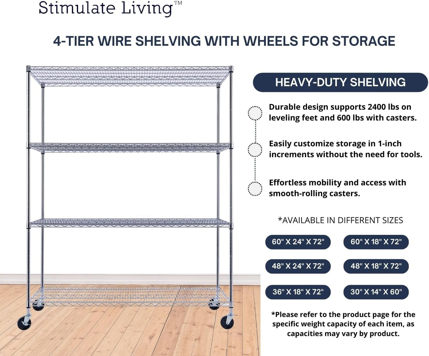 60"x24"x72" PRIME HEAVY DUTY Chrome 4-Tier Wire Shelving NSF 2400 LBS MAX Capacity Storage Rack for Commercial, School, Home, Garage, Warehouse, Industrial, and Hospital Uses (with Wheels) - NestledHome