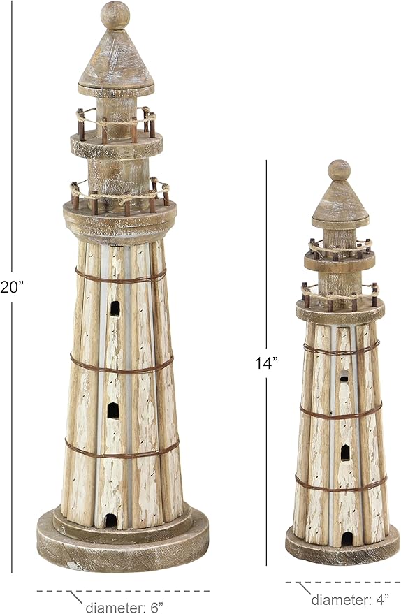 Deco 79 Wood Light House Decorative Sculpture Home Decor Statues, Set of 2 Accent Figurines 20", 14"H, Brown