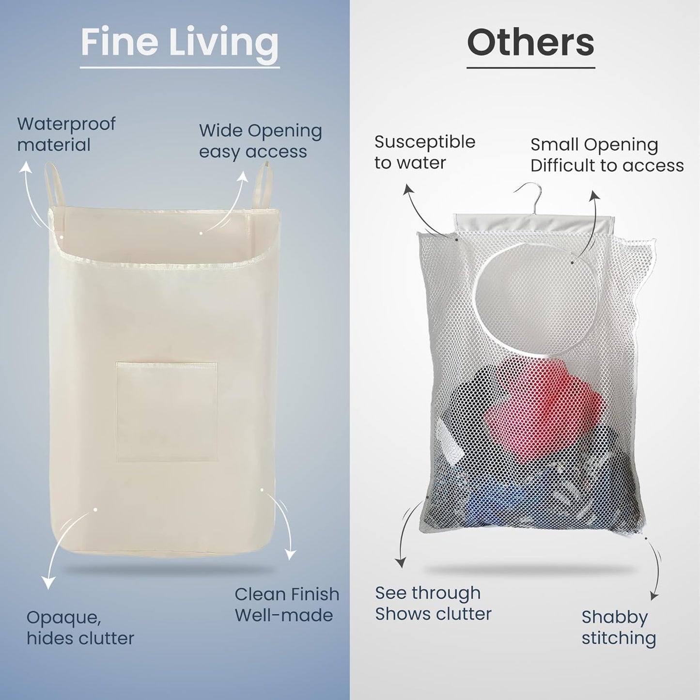 The Fine Living Co. Hanging Laundry Hamper with Over Door Hooks & Adhesive, Durable Space Saving Laundry Bag with Zipper and Wide Open Top, Hanging Dorm Laundry Hamper 18"x4.75"x28" (Beige-L) - NestledHome