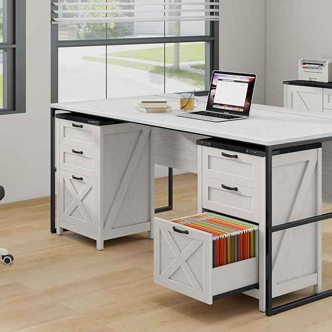 Vabches Vertical File Cabinet with 3 Drawers, Wooden Farmhouse Filing Cabinet for Letter/A4 Size Hanging Files, Under Desk Printer Stand with Storage for Home Office, White and Black