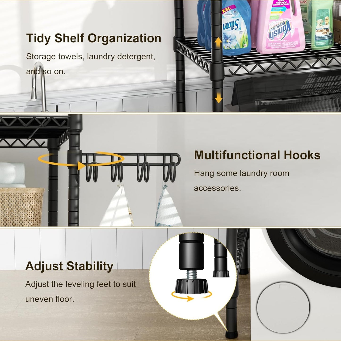Ulif U8 Mini Laundry Room Storage Organizer, Over the Washer and Dryer Storage Shelves for Laundry Organization, 29.5”W x 17.3”D x 76.2”H, Suit Washing Machine Width within 27.1”, Hold 304 lb, Black - NestledHome
