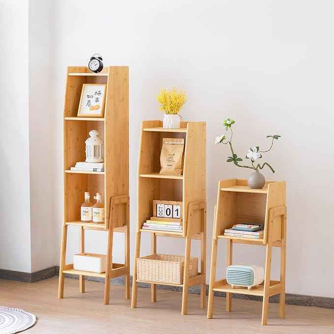 Welnow Bamboo Bookcase with Cabinet, Natural End Table with 3-Tier Storage Shelf, Modern Bedside Organizer Side Table for Bedroom or Living Room, Wood Bookshelf with Open Space
