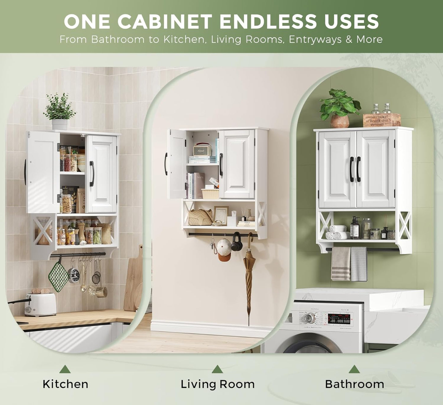 Bathroom Cabinet Wall Mounted, White Bathroom Wall Cabinets with Towel Bar and 2 Doors, Wooden Medicine Cabinet with Adjustable Shelf, Open Storage - NestledHome