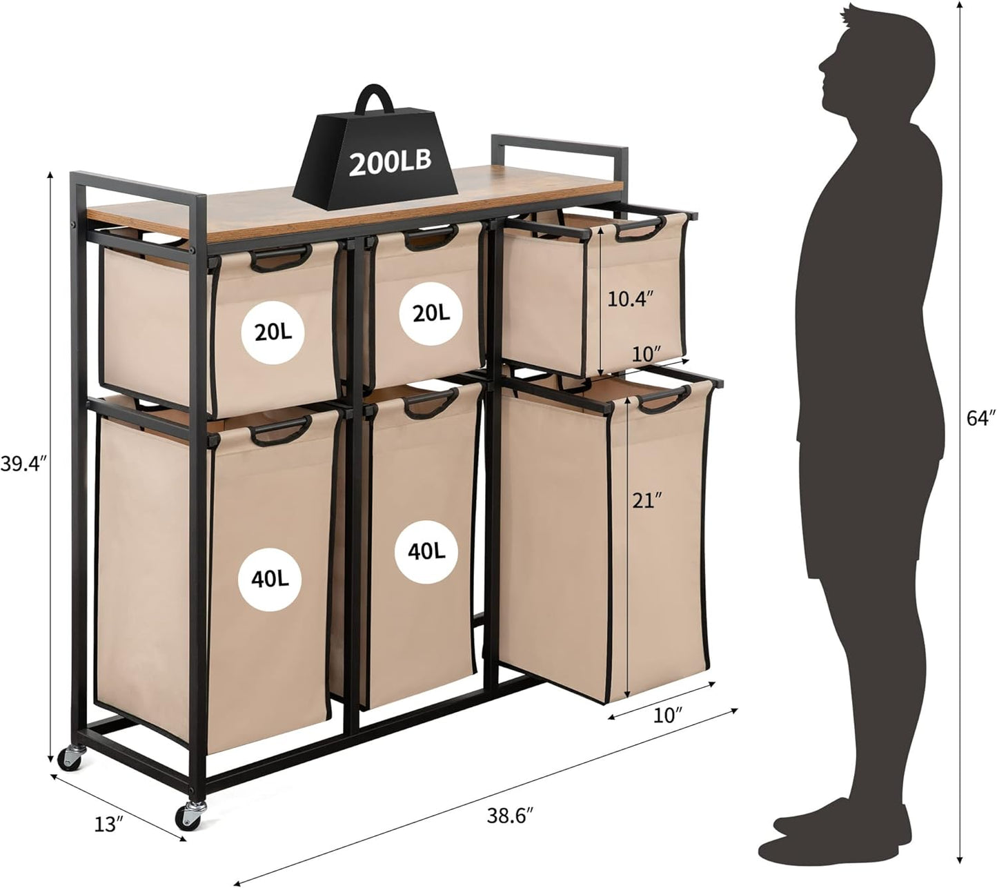 Laundry Basket Organizer, Hampers for Laundry 6 Compartments, Laundry Hamper with 6 Sliding Laundry Sorter Bags, Top Storage Shelf, and Metal Frame (6 Compartments) - NestledHome