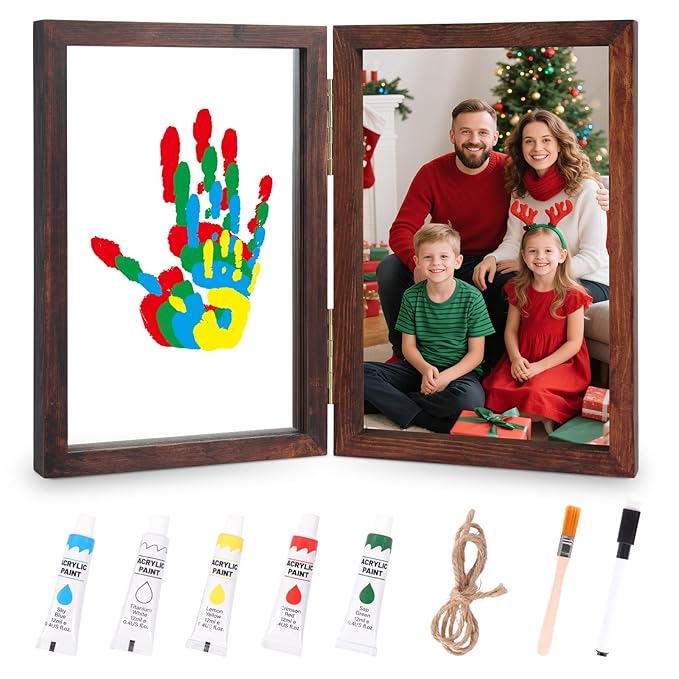 Family Handprint Kit with Light, 5 Non-Toxic Paints, Hand Prints Ornament Keepsake Frame for 4, DIY Craft Gift for New Parents & Mom & Baby, Grandparents, Mother's Day, Father's Day