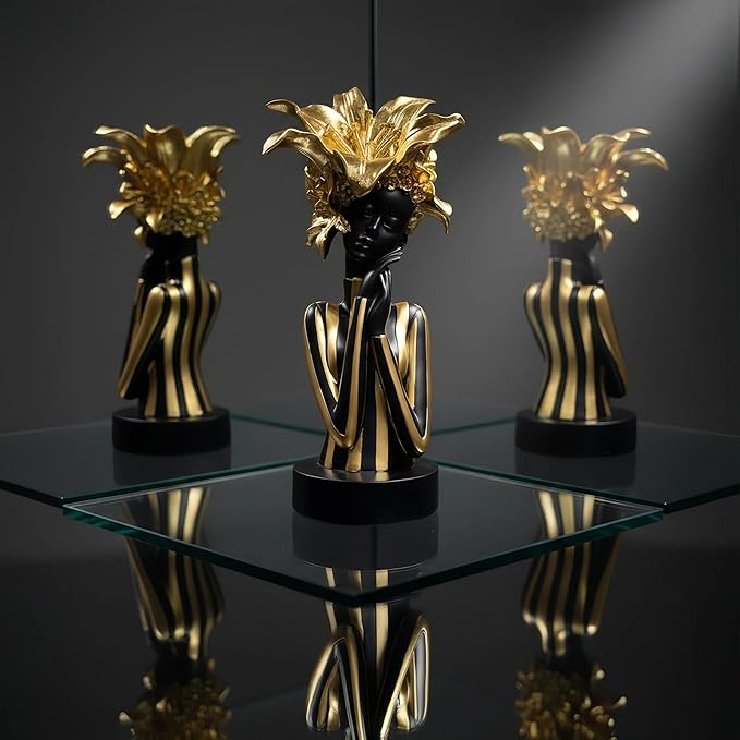 African Woman Art Sculpture with Gold Floral Crown, Exquisite African Statue, Emotional Modern Home Art Gift for Various Settings Such as Home, Bookshelves, desks, or Offices(7.68 inch