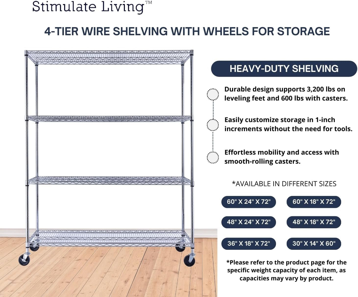 60"x18"x72" Prime Heavy Duty Chrome 4-Tier Wire Shelving NSF 3200 LBS MAX Capacity Storage Rack for Commercial, Hospital, School, Garage, and Kitchen Uses (with Wheels) - NestledHome