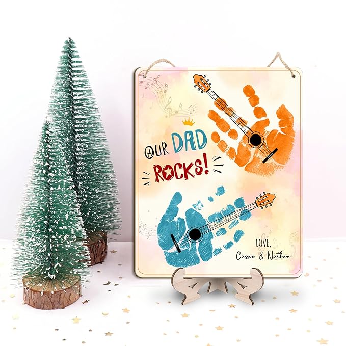 DIY Our Dad Rocks Guitar Craft Plaque Baby Handprint Gifts for Dad Papa Musician Guitar Player, Baby First Fathers Day Art Craft for Guitarist Father, Best Dad Ever Gifts with Kids Handprint Keepsake