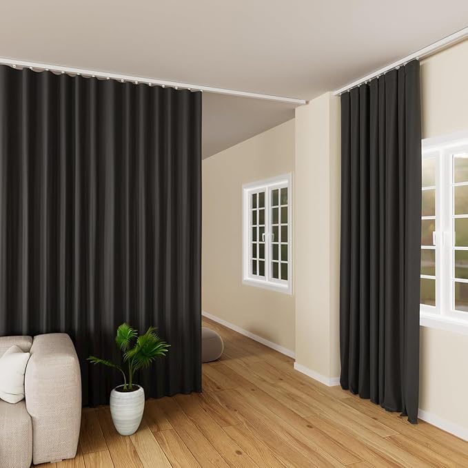 Room Divider Curtains Blackout Floor to Ceiling Curtain with Hook Wall Mount Sliding Door Curtains Ceiling Mount Extra Wide Curtain Wall Divider for Room Separation (Black, W120 x H84 in)