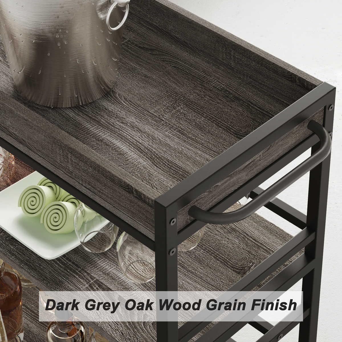 BON AUGURE Bar Cart, Home Bar Serving Cart on Wheels, Mobile 3 Tier Liquor Beverage Carts with Wine Rack and Glass Holder (Grey Oak)
