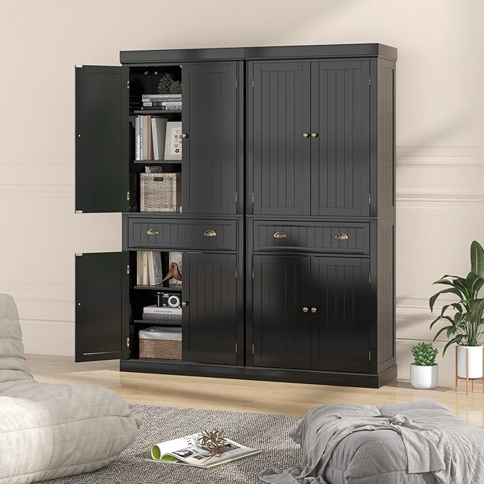 Nightcore Freestanding Kitchen Pantry Cupboard, 6ft Wood Cupboard w/ 4 Adjustable Shelves, 2 Wood Pantries, & 1 Drawer, Utility Storage Cabinet for Kitchen, Hallway, Living Room, Bathroom (Black)