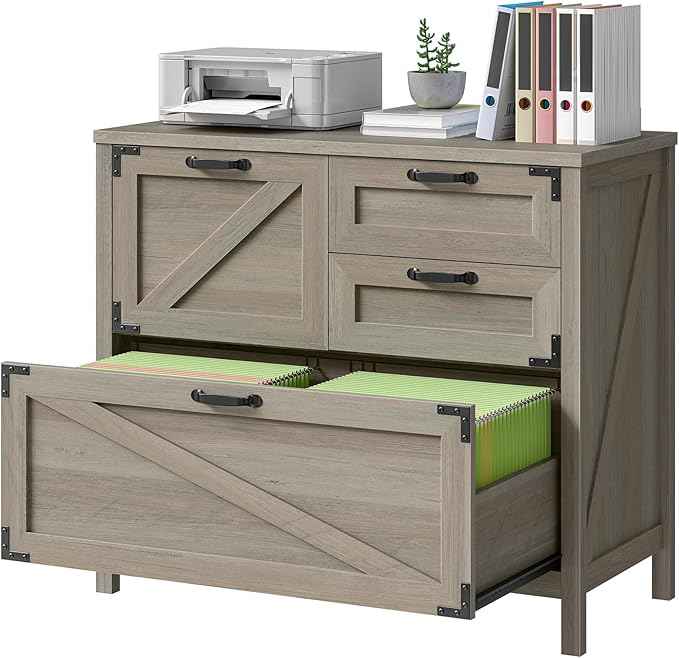 Wood Lateral File Cabinet with 4-Drawer for Hanging Files Letter/A4/Legal Size, Large Farmhouse Filing Cabinets for Home Office, Printer Stand with Office Cabinet, Office Furniture, Rustic Grey