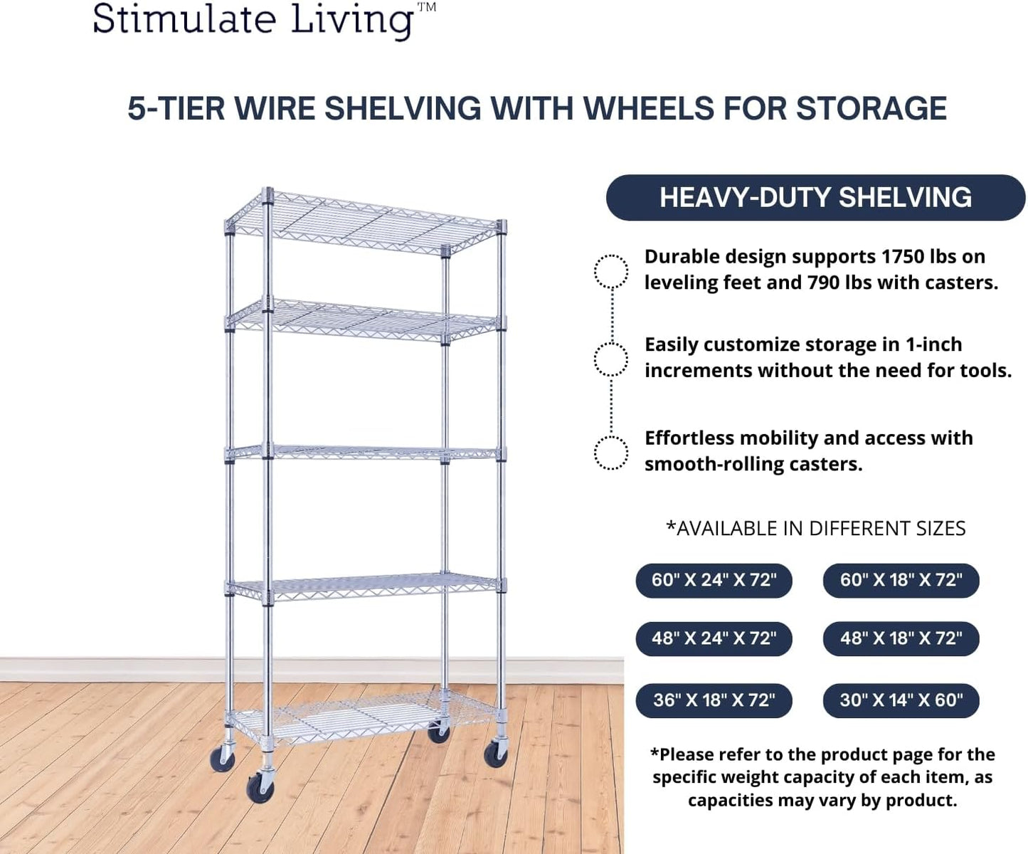 30"x14"x60" PRIME HEAVY DUTY Chrome 5-Tier Wire Shelving 1,750 LBS MAX Capacity Storage Rack for Commercial, School, Home, Garage, Warehouse, Industrial, and Hospital Uses (with Wheels) - NestledHome