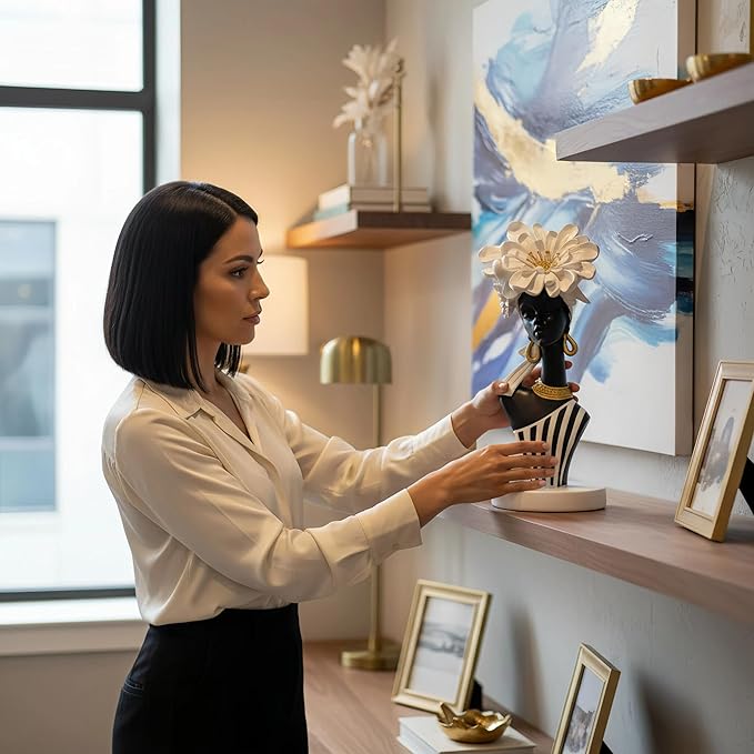 African Woman Art Sculpture with White Flower Crown, Black and White Art Statue,Elegant African-Inspired Art Gift Suitable for Various Settings Such as Home, Bookshelves, desks, or Offices