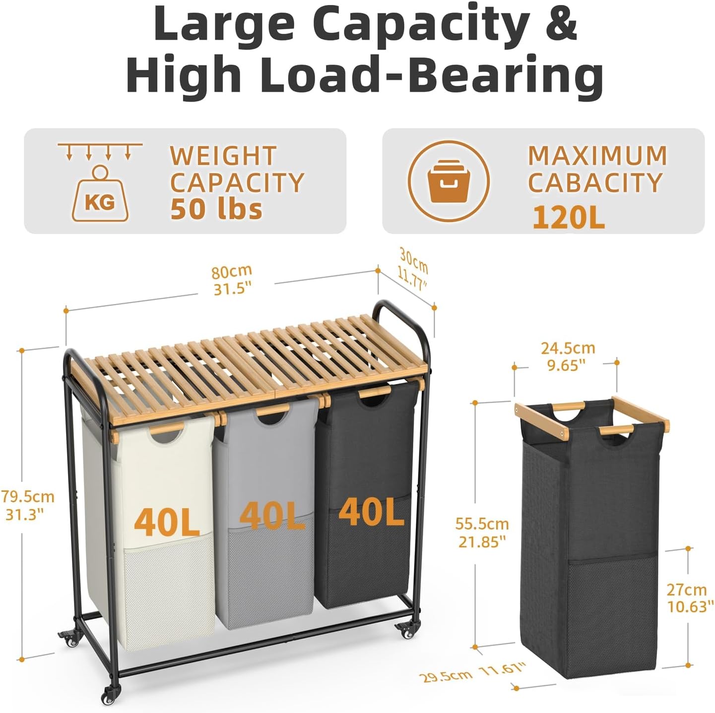 Laundry Hampers 3 Section, Laundry Sorter with Removable Shelf and Pull-Out Bags, Clothes Hampers with Wheels Rolling Cart Basket for Laundry Room Bathroom, 3 x 40 L (Black White Gray) - NestledHome
