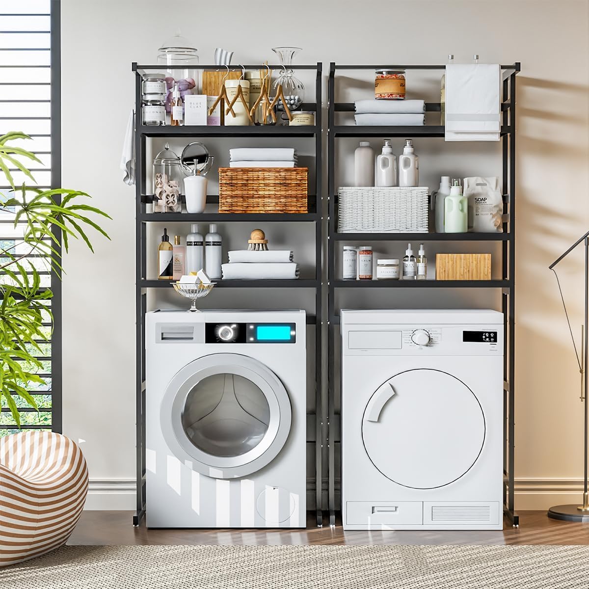 Dryer Storage Shel andf Over The Washer - Adjustable 4-Tier Heavy Duty Laundry Room Organizer, All Carbon Steel Standing Shelf with Hanging Rod, Anti-Tip Design, Super Stable 29.93" L x 11" D x 73" H - NestledHome