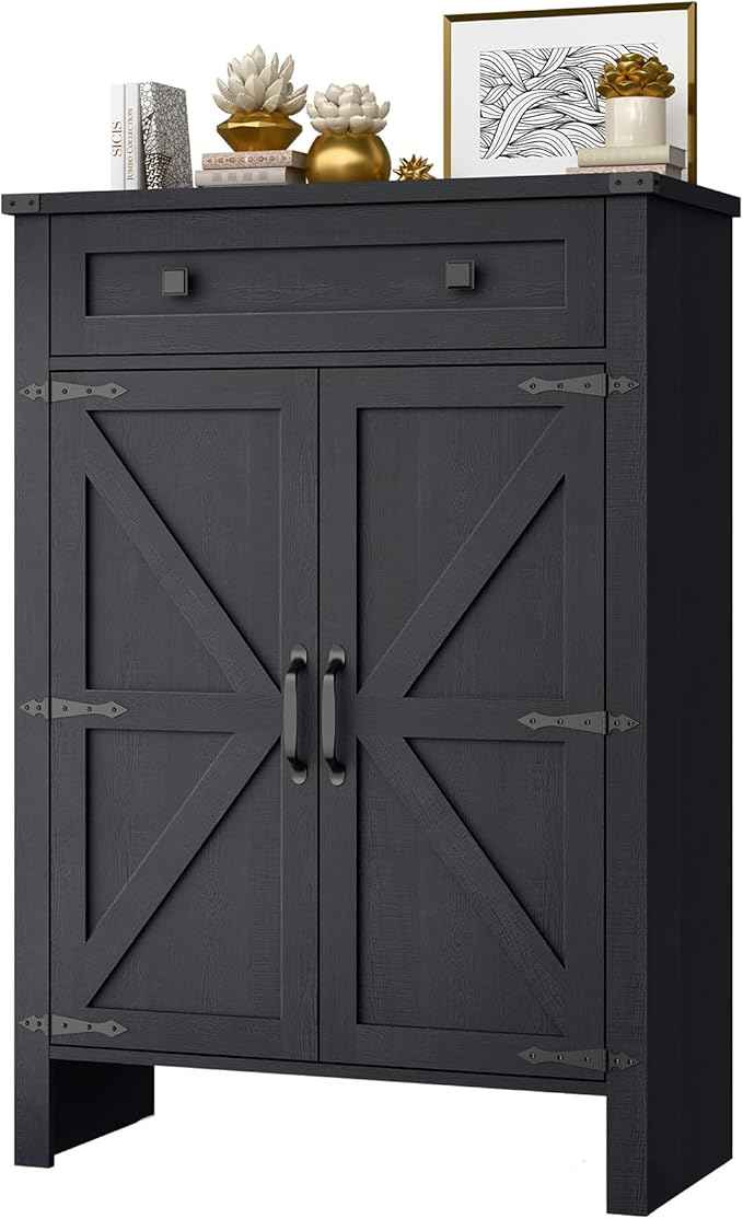 Vabches Shoe Storage Cabinet, 5-Tier Farmhouse Shoe Cabinet with Adjustable Shelves & Drawer, Wooden Shoes Rack Cabinets Storage Organizer with Doors for Entryway, Hallway, Closet, Living Room, Black