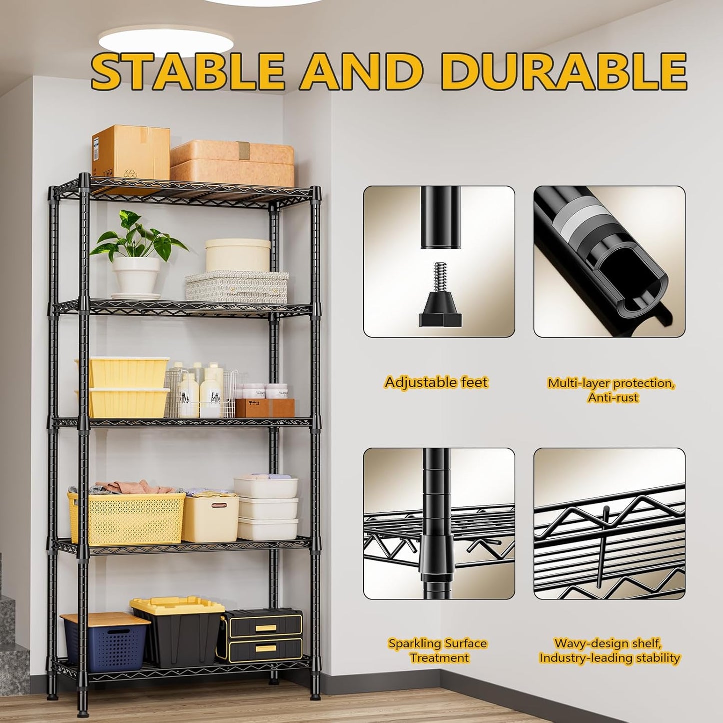 1250 lbs 5 Tier Shelf Metal Storage Shelves Shelving Wire Rack Heavy Duty Closet Organizers for Garage Kitchen Bathroom Laundry Black 15.7" D x 33.5" W x 68.5" H - NestledHome