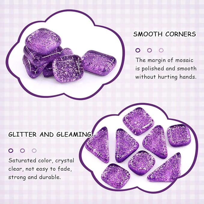 Swpeet 1 Pound Purple Shine Crystal Series Mosaic Tiles Assortment Kit, Square and Triangle Genuine Mosaic Tiles Glitter Crystal Mosaic Perfect for Home Decoration Crafts Supply