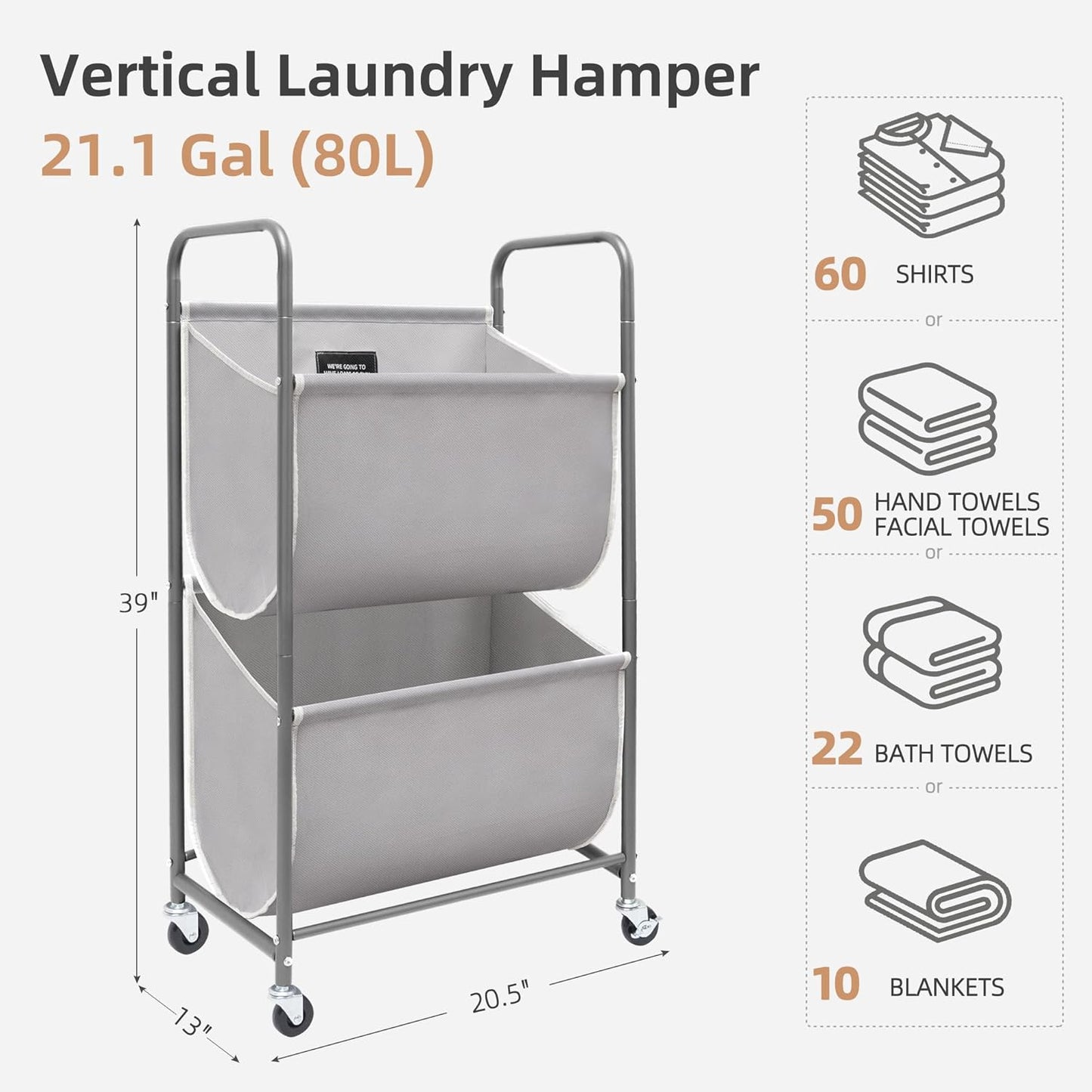 STORAGE MANIAC 80 Liters Vertical Rolling Laundry Hamper, 2 Section Laundry Sorter with Wheels and 2 Breaks, 2-tier Laundry Baskets for Small Space, Dorm, Laundry Room, Closet, Bathroom, Gray 2-tier - NestledHome