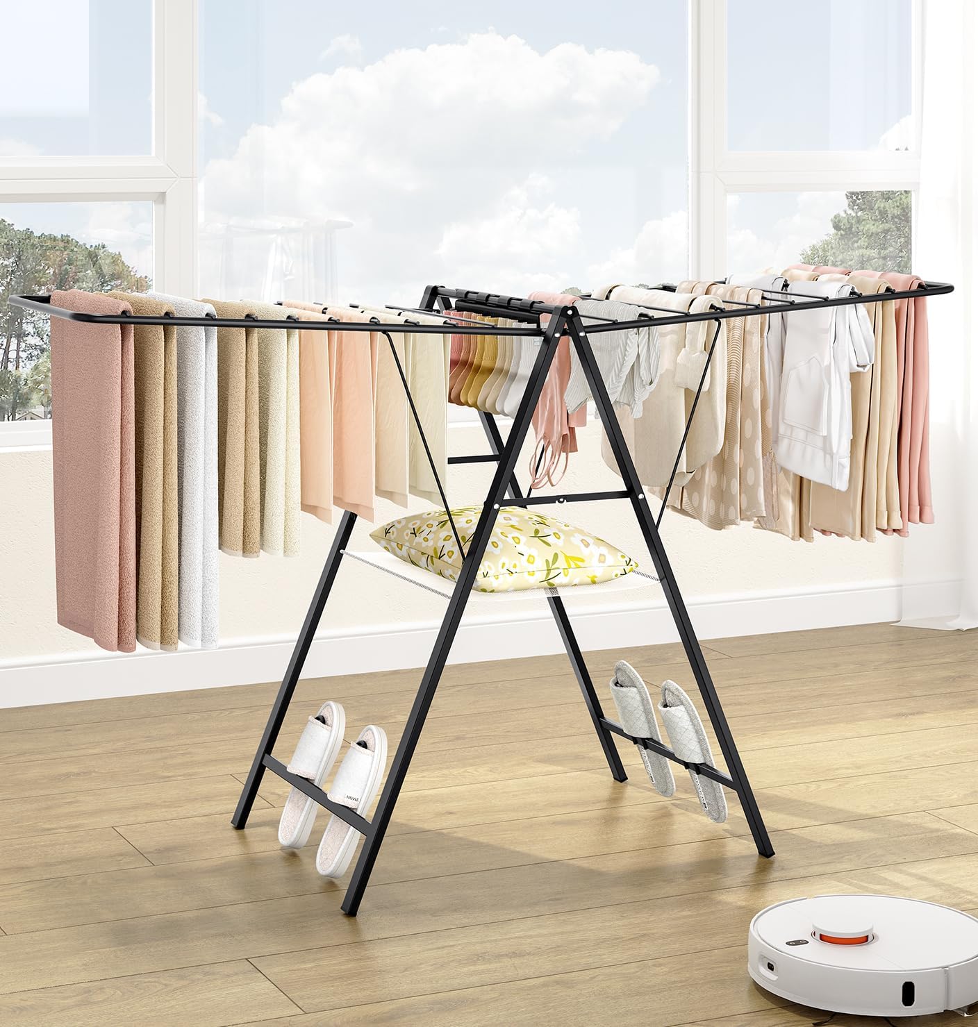 APEXCHASER Foldable Clothes Drying Rack, Metal Laundry Drying Rack Collapsible, Ultra Thin Clothes Rack for Sweater Bra Towel for Indoor & Outdoor Use, Height Adjustable Gullwing Clothes Airer, Black - NestledHome