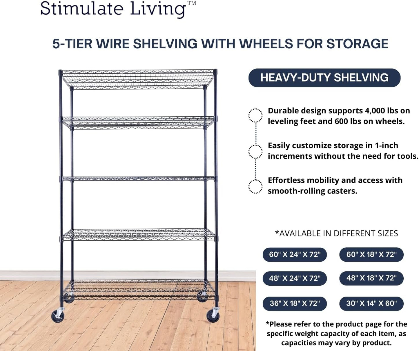 48"x24"x72" Prime Heavy Duty Black 5-Tier Steel Wire Shelving NSF 4000 LBS MAX Capacity Storage Rack for Commercial, School, Home, Garage, Warehouse, Industrial, and Hospital Uses (with Wheels) - NestledHome