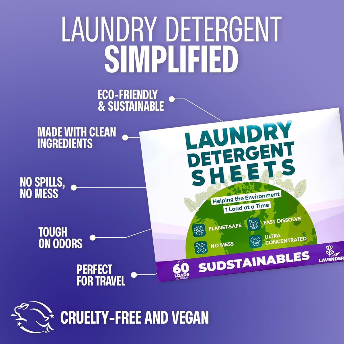 Sudstainables Laundry Detergent Sheets (60 Loads) – Eco-Friendly, Zero Waste, Plastic-Free Laundry Washing Machines Soap Sheets; Dissolvable, Space-Saving Strips for Travel (Lavender) - NestledHome