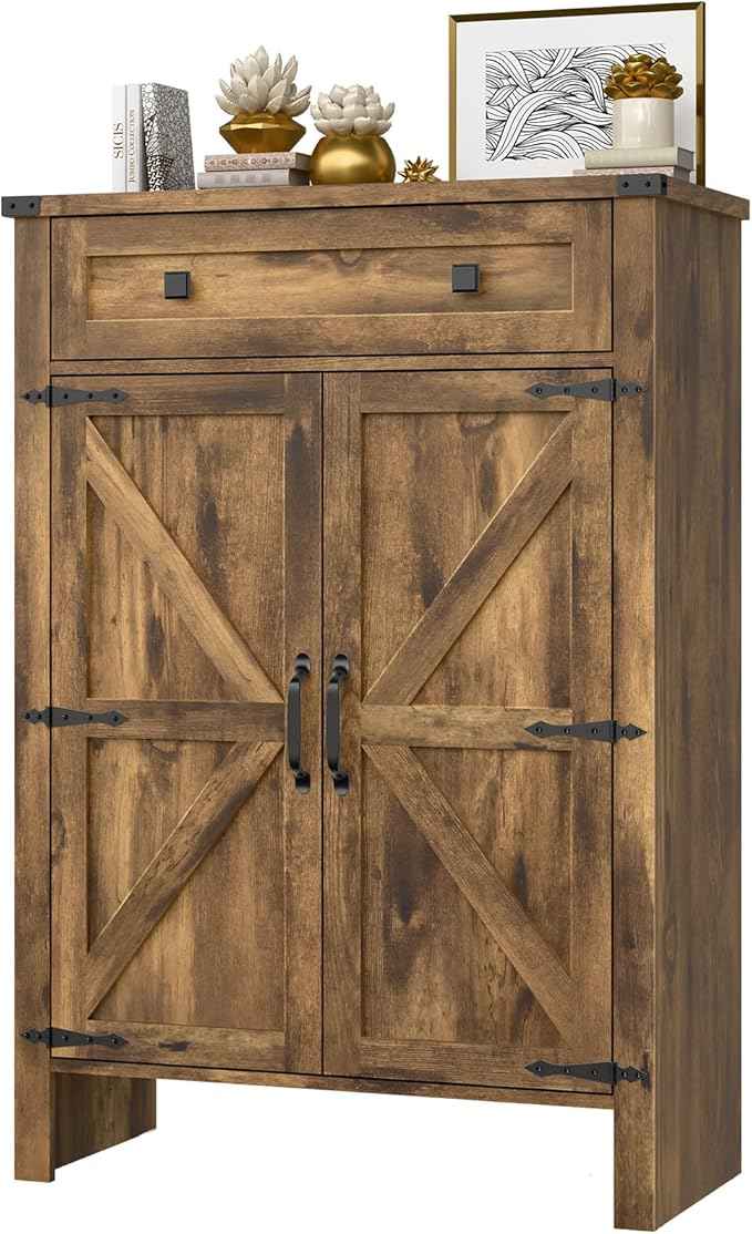 Shoe Storage Cabinet, 5-Tier Farmhouse Shoe Cabinet with Adjustable Shelves & Drawer, Wooden Shoes Rack Cabinets Storage Organizer with Doors for Entryway, Hallway, Closet, Living Room, Rustic Brown