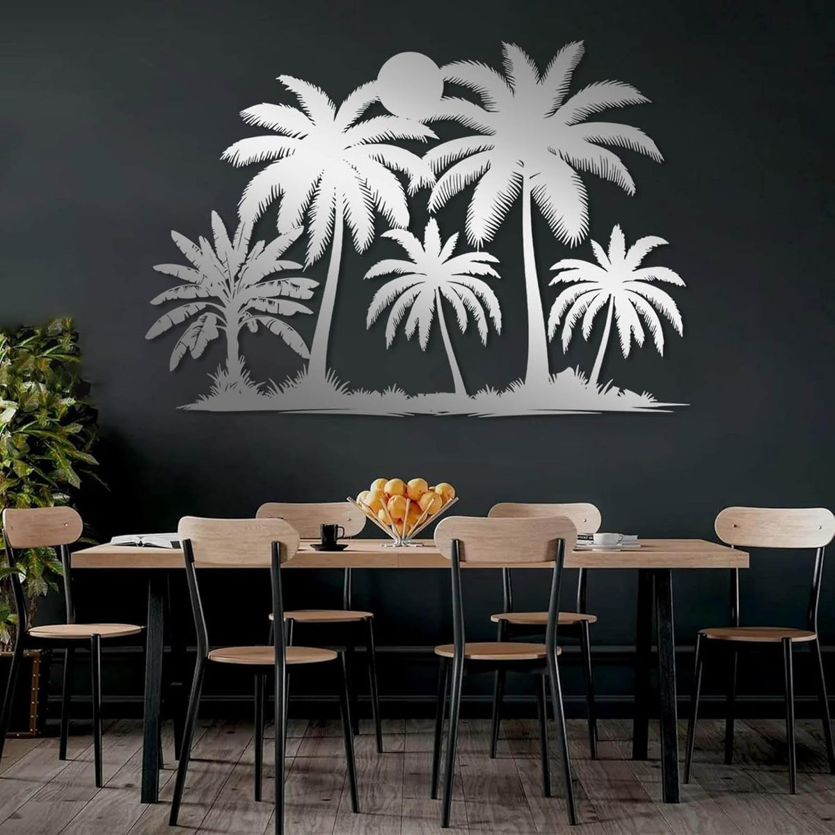 Tuglona Metal Palm Tree with Sunset Wall Decor, Tropical Palm Tree Metal Wall Art, Tropical Wall Decor, Sun Wall Art, Beach Wall Decoration, Coastal Trees Wall Hanging (Black, 53"x37"/135x93cm)