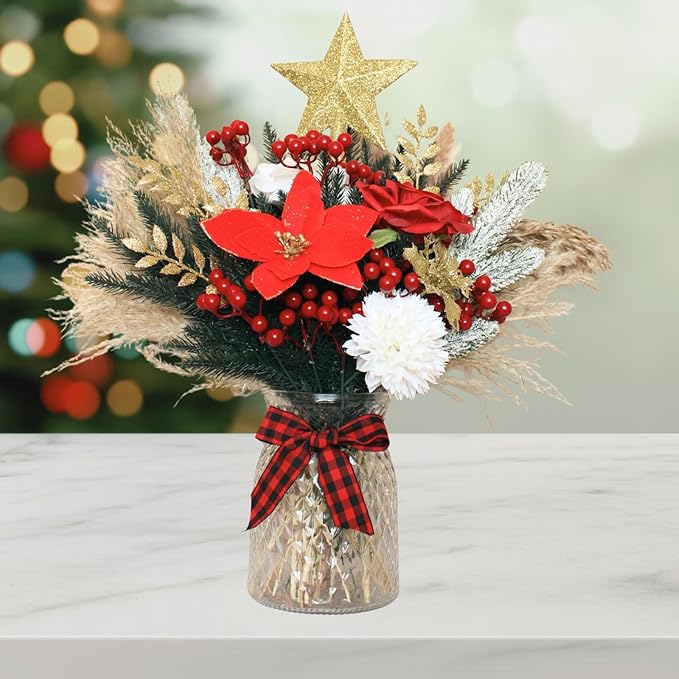 RyddeligHome Christmas Centerpieces for Tables in July, Holiday Table Decor, 100pcs Christmas Floral Arrangements in Vase, Pottery Xmas Decorations, Artificial Poinsettia Red Berry Pine Branches
