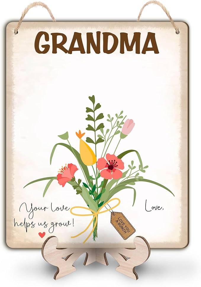 Custom DIY Baby Handprint Flowers Wooden Hanging Sign, Personalized Flowers for Grandma with Kids Handprint, Baby's First Mothers Day Gifts for Grandma, Kids Art Craft, Thanks for Helping Us Grow