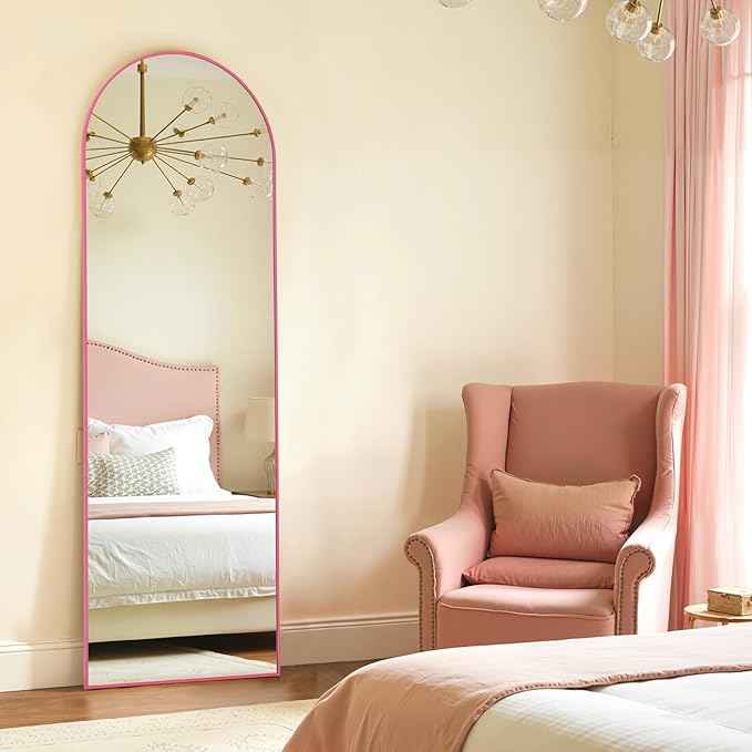 Anpark 19"x57"Arched Full Length Mirror, Full Body Mirror with Stand, Aluminum Frame for Bedroom & Hanging Leaning Modern Simple Home Decor Shatter-proorf Nano Glass Wall Living Room Cloakroom, Pink