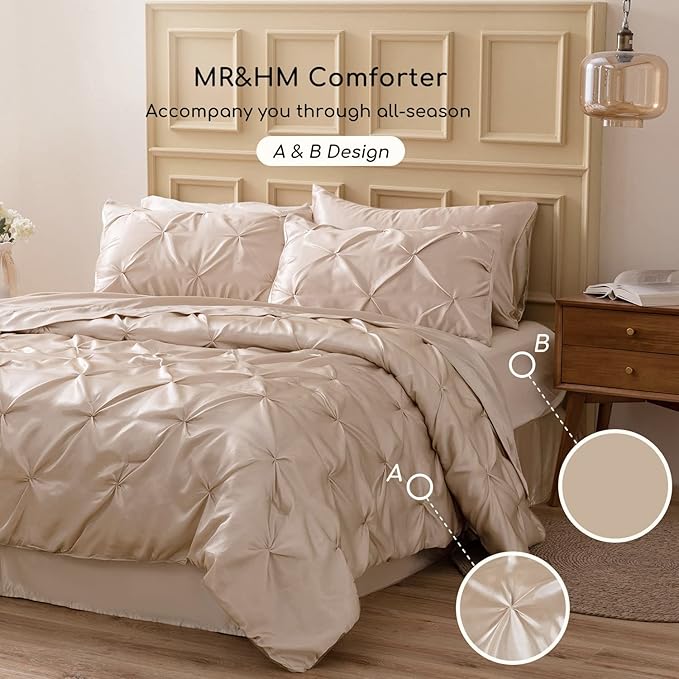 MR&HM Satin Comforter Full 7 Pieces - Luxurious Pinch Pleat Bedding Set with Comforter, Flat Sheet, Fitted Sheet, Pillowcases & Shams, Super Silky Soft Bed Set for All Season (Full, Champagne)