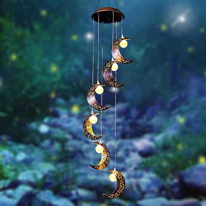 Tryme Solar Moon Wind Chimes Outdoor Solar Lights Windchimes Waterproof Hanging Decorations Gifts for Garden Patio Birthday Thanksgiving Home Party