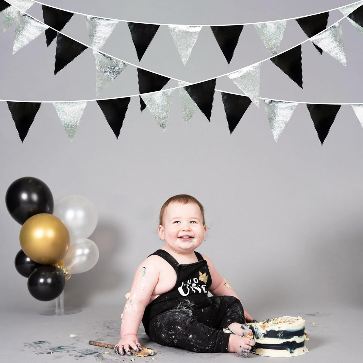 Black and Silver Party Decorations Triangle Pennant Banner Flag Metallic Fabric Bunting Garland for Birthday Graduation Retirement Wedding Bachelorette Bridal Shower Engagement Disco Party Supplies - NestledHome
