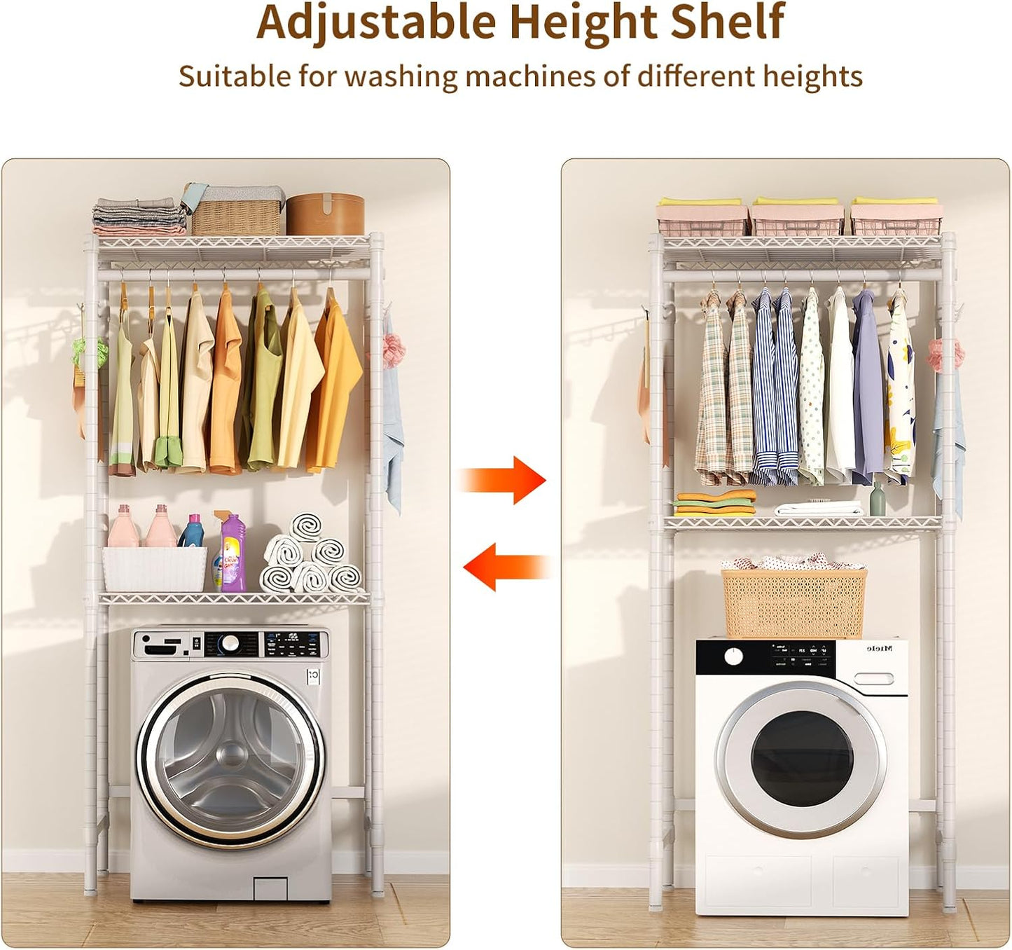 Over Washer and Dryer Shelves,2 Tier Adjustable Height Wire Shelving Laundry Room Storage Organization Clothes Drying Rack with Hanger Rod&Hooks,Space Saving Organizers Shelf,White - NestledHome