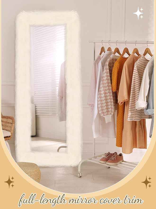 Geelin Full Length Mirror Cover 59 x 16 Inch Universal Ultra Soft Non Slip Design Fluffy Length Standing Mirrors Cover Decoration for Bedroom Cloakroom Women Gifts (Cream White)