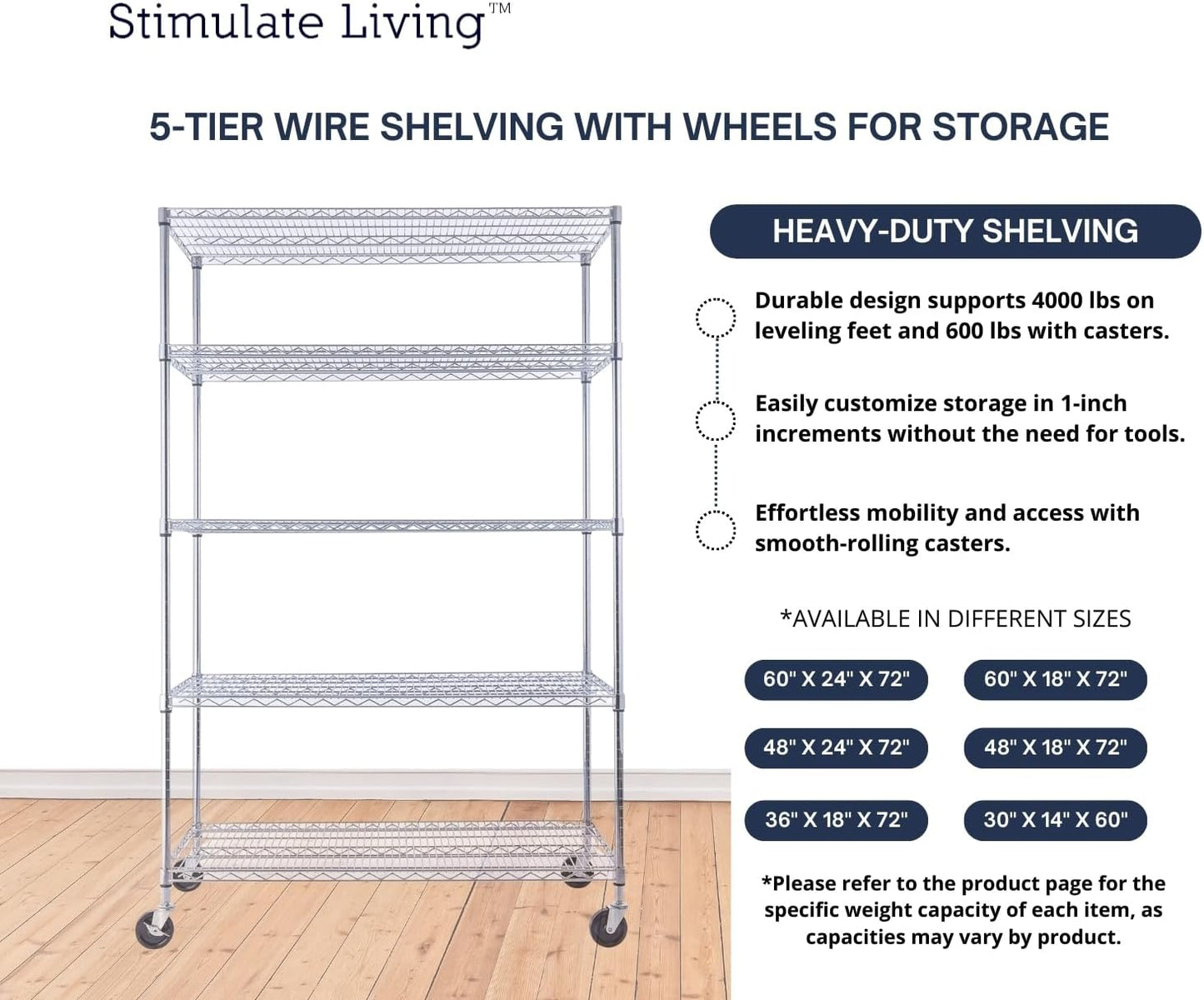 48"x24"x72" Prime Heavy Duty Chrome 5-Tier Steel Wire Shelving NSF 4000 LBS MAX Capacity Storage Rack for Commercial, School, Home, Garage, Warehouse, Industrial, and Hospital Uses (with Wheels) - NestledHome